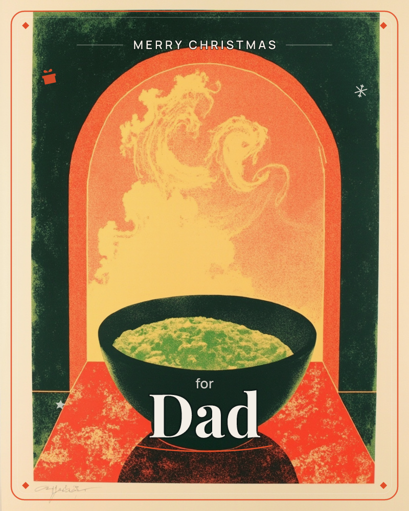 A dark bowl of steaming green soup sits centre stage against a glowing orange archway, with pale swirls of steam curling upward like smoke or waves, a christmas e-card design