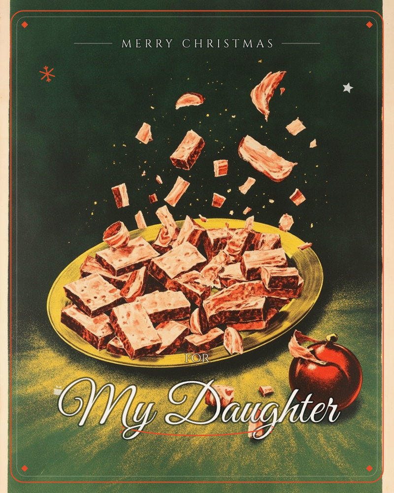A yellow platter piled with wrapped nougat or fruitcake squares sits against a deep forest-green background, with more pieces frozen mid-tumble through…, a christmas e-card design