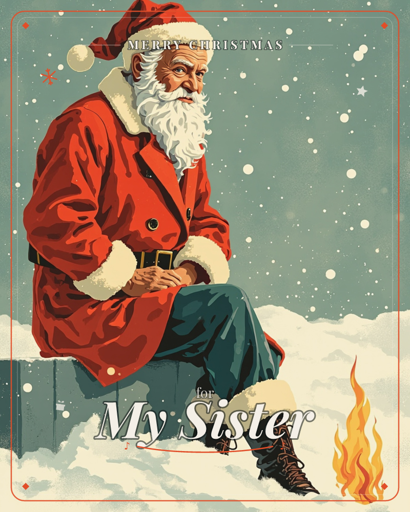 A weathered Santa in a red coat with white fur trim sits on a snow-covered ledge, gazing off to the side while snow falls steadily around him, a christmas e-card design