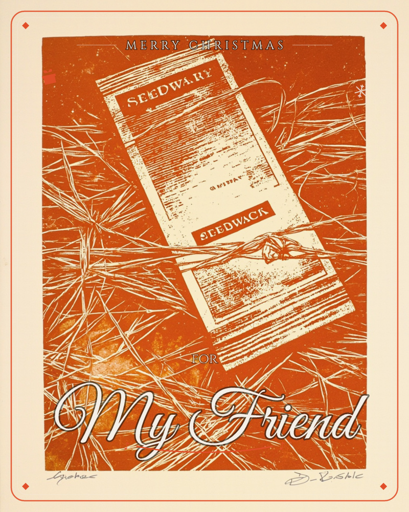 A rust-orange linocut print shows a seed packet labeled 'SEEDWARY' and 'SEEDWACK' tumbling amid a tangle of scratchy white grass or straw lines, a christmas e-card design