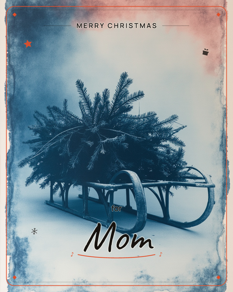 An old wooden sledge sits piled with freshly cut evergreen branches, rendered in deep cyanotype blue with a soft wash of rose and peach bleeding across…, a christmas e-card design