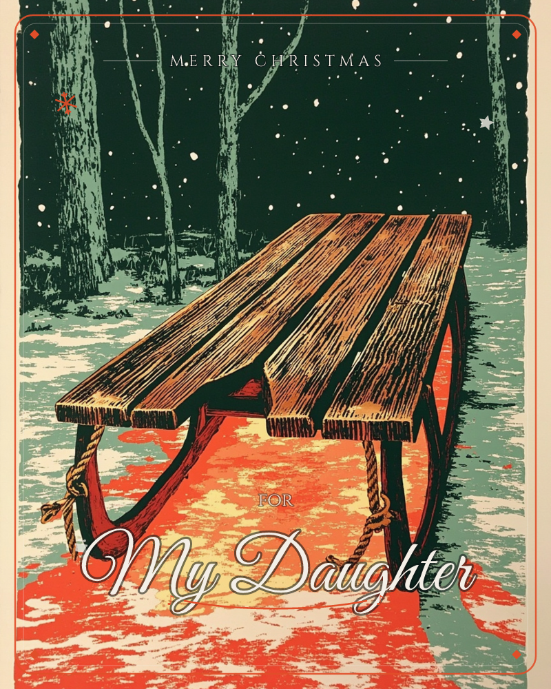 A wooden sled with curved runners and rope pulls sits empty in a snowy forest clearing at night, its slatted planks rendered in warm woodgrain against…, a christmas e-card design