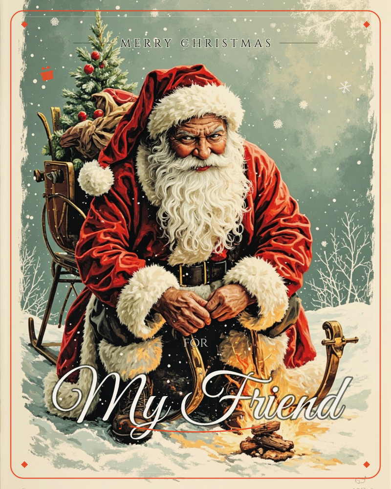 Santa Claus kneels in the snow beside his wooden sleigh, warming his hands over a small crackling fire he has built on the ground, a christmas e-card design