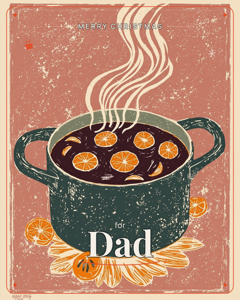 A dark green pot sits atop a mulled wine coloured backdrop, steam curling upward in pale ribbons from a simmering dark liquid studded with orange slices, a christmas e-card design