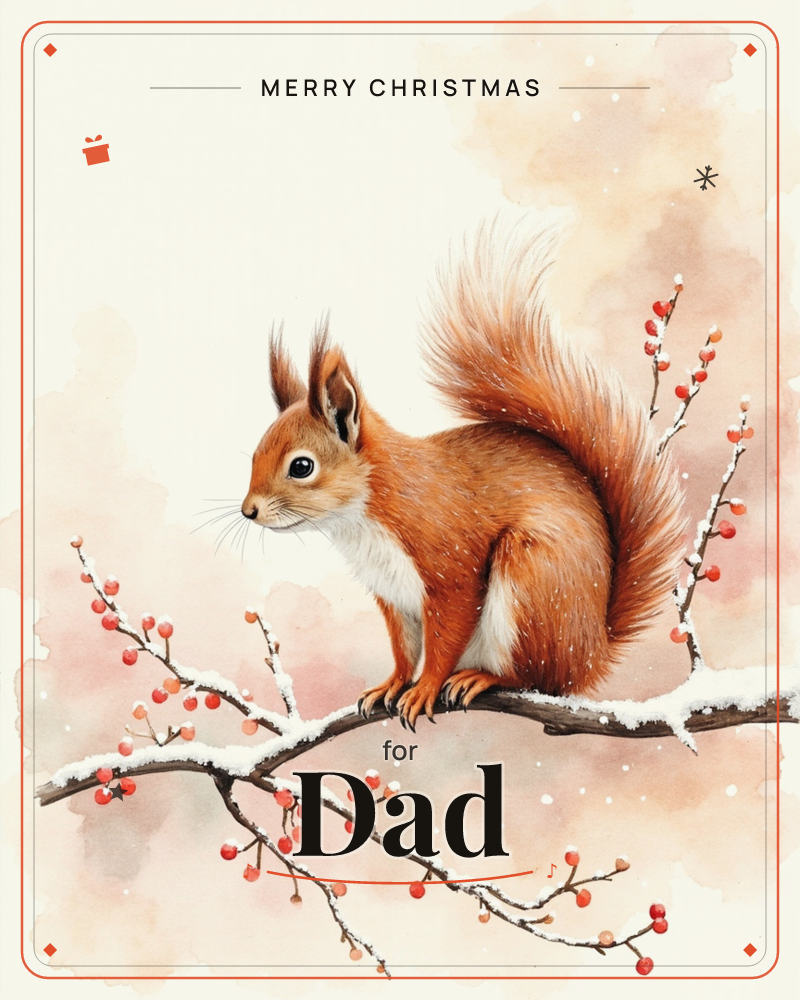 A red squirrel with a plush tufted tail perches on a snow-dusted branch strung with berries, its ears pricked and whiskers catching the light, a christmas e-card design