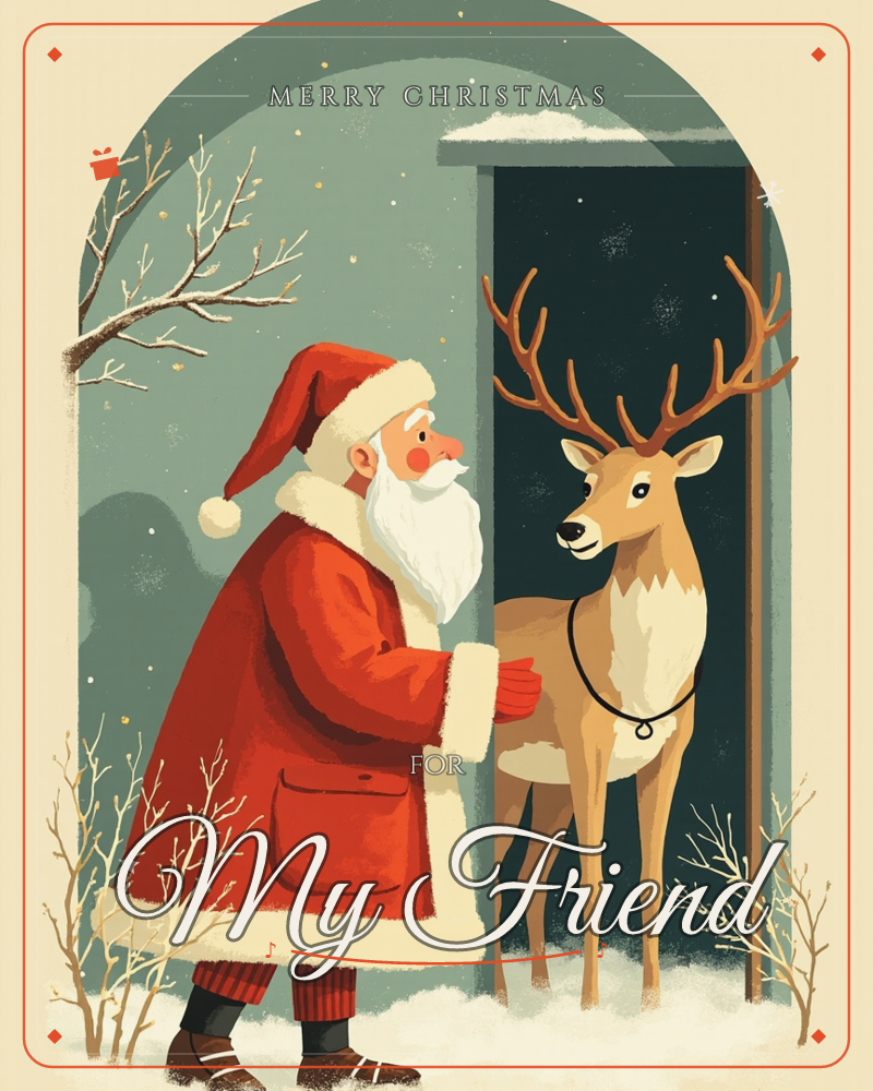 Santa Claus stands face to face with a tall antlered reindeer beneath a snow-capped stone archway, the night beyond the doorway deep teal and speckled…, a christmas e-card design