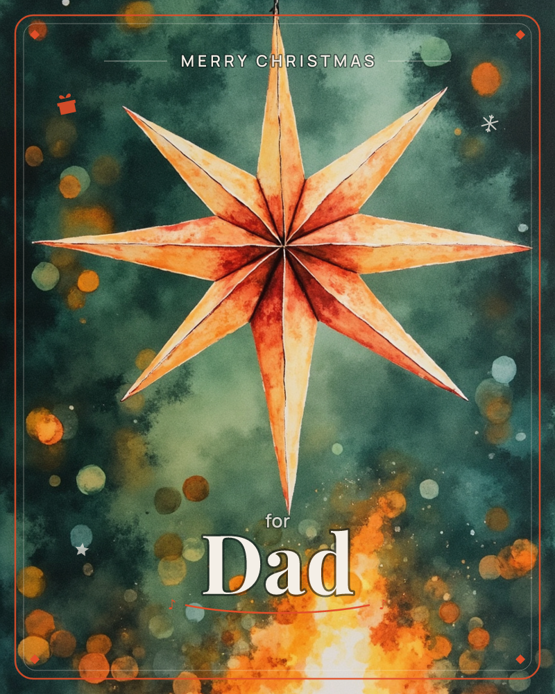 A large papercraft star in warm amber and rust hangs against a deep teal night, its many sharp points glowing as if lit from within, a christmas e-card design