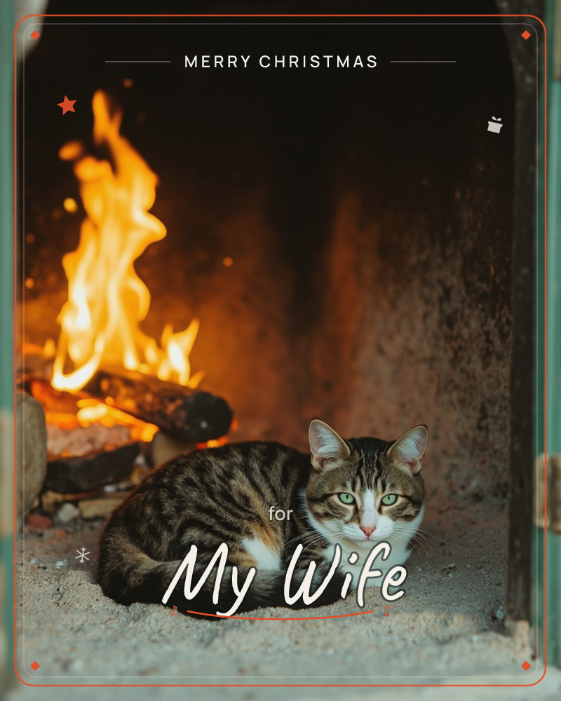 A tabby cat with striking green eyes curls up on a stone hearth beside an open fire, its fur glowing amber in the firelight, a christmas e-card design