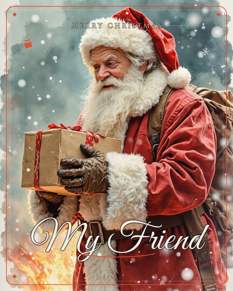 Santa Claus stands in falling snow, cradling a brown paper parcel tied with red ribbon in his gloved hands, a christmas e-card design