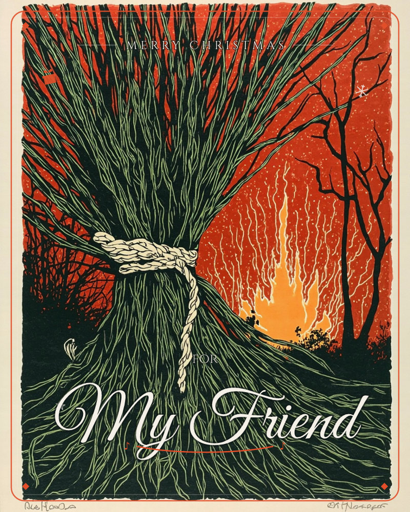A linocut print shows a great sheaf of long grasses bound tightly with white rope, its blades fanning upward and spilling down into a dark hillside, a christmas e-card design