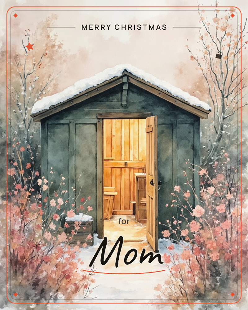 A small green wooden shed sits snug beneath a dusting of snow on its roof, its open door spilling warm honey-coloured light onto the pale ground, a christmas e-card design