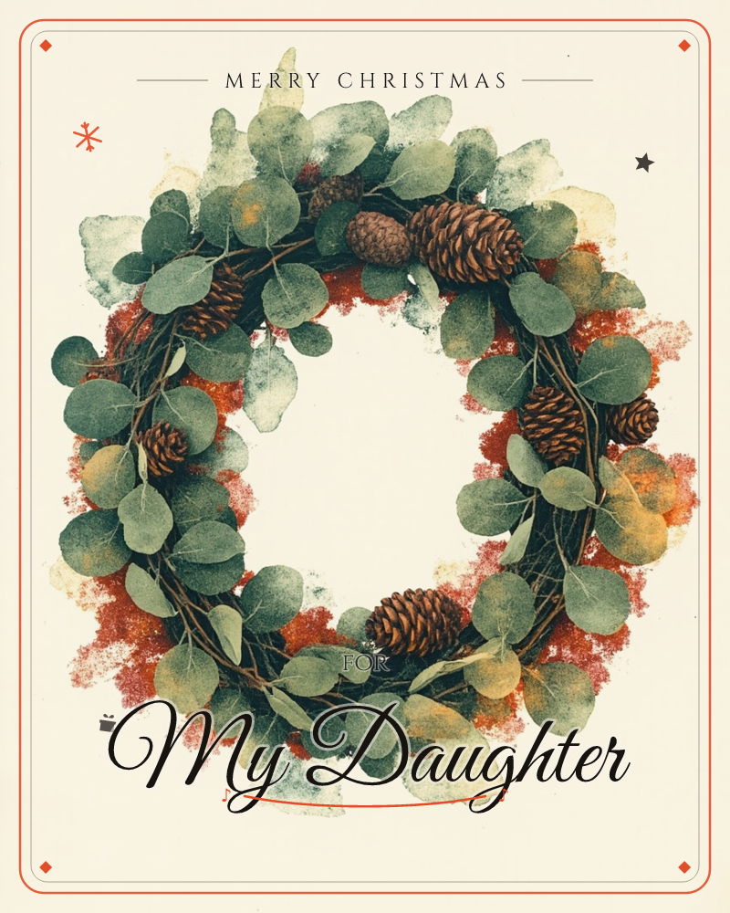 A round wreath of eucalyptus leaves and pinecones sits on a soft cream background, with a rusty red spatter of colour bleeding through the greenery…, a christmas e-card design