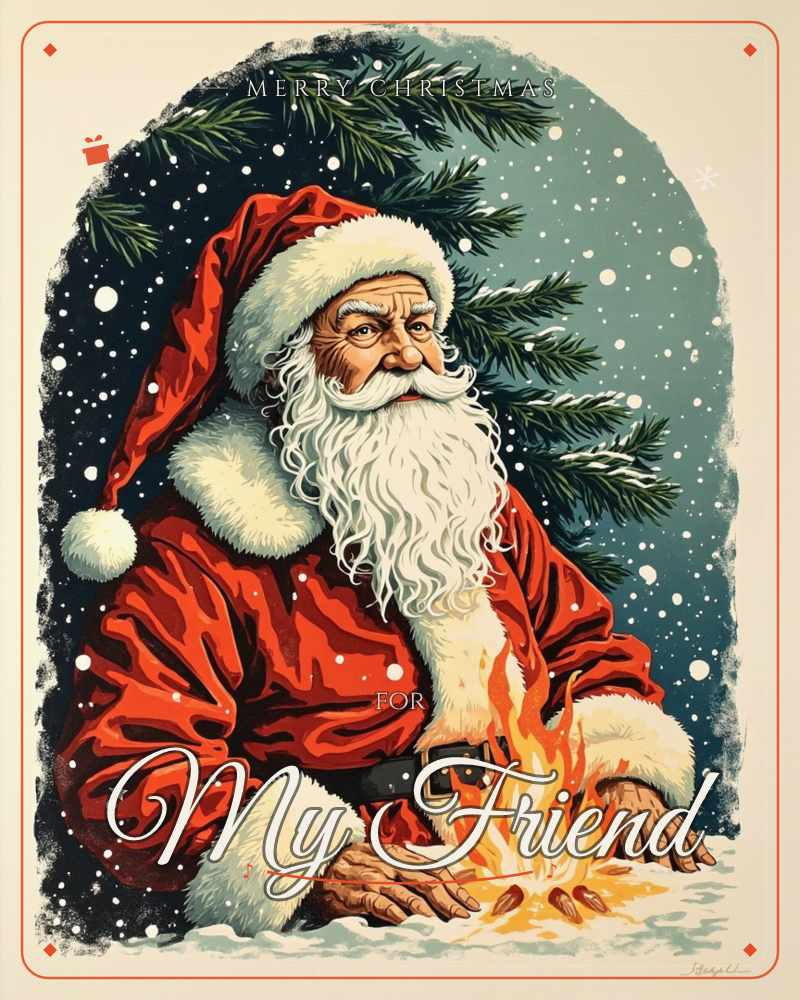 Santa Claus kneels in the snow warming his hands over a small crackling fire, framed within an arched panel of falling snow and dark pine branches, a christmas e-card design