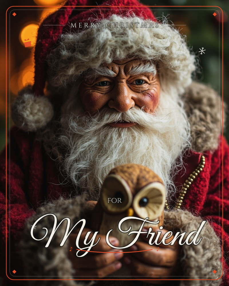 A close-up figurine of Santa Claus, richly detailed with a fur-trimmed red coat and curly white beard, cradles a small carved owl in his weathered hands, a christmas e-card design