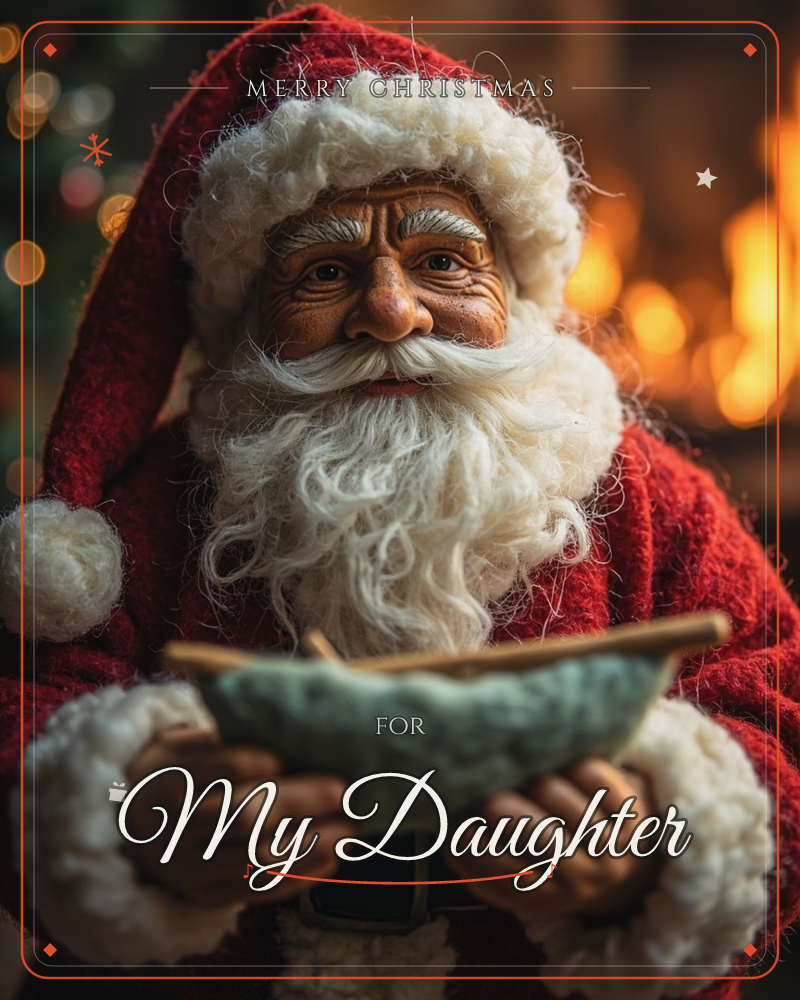 A carved Santa figure with a woolly white beard and red felt coat holds a folded envelope in both hands, standing before a glowing fireplace with a lit…, a christmas e-card design