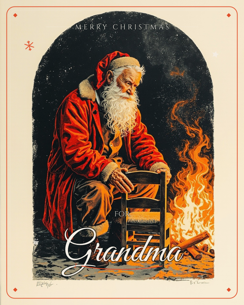 An arched print shows Santa seated on a small wooden chair beside a crackling bonfire, its sparks rising into a starry black sky, a christmas e-card design