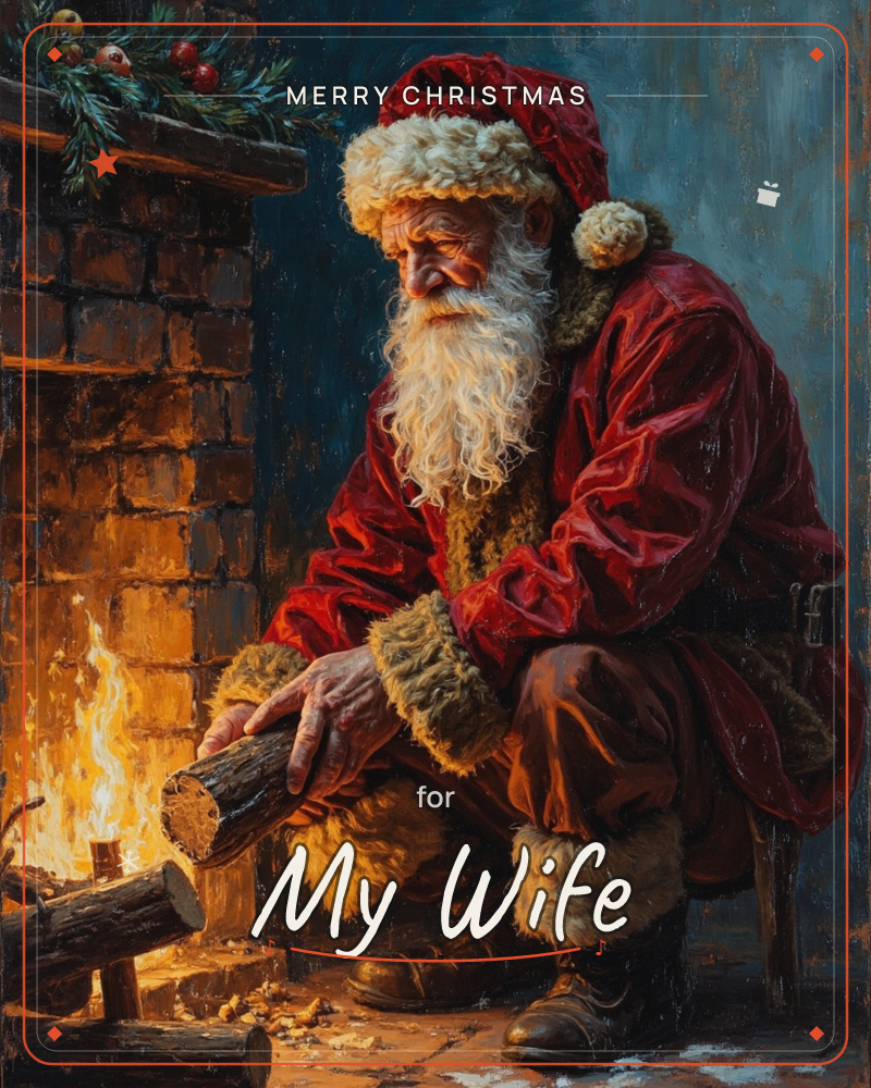An old-world Santa kneels beside a brick hearth, feeding a fresh log into the crackling fire, his fur-trimmed red coat glowing in the firelight, a christmas e-card design