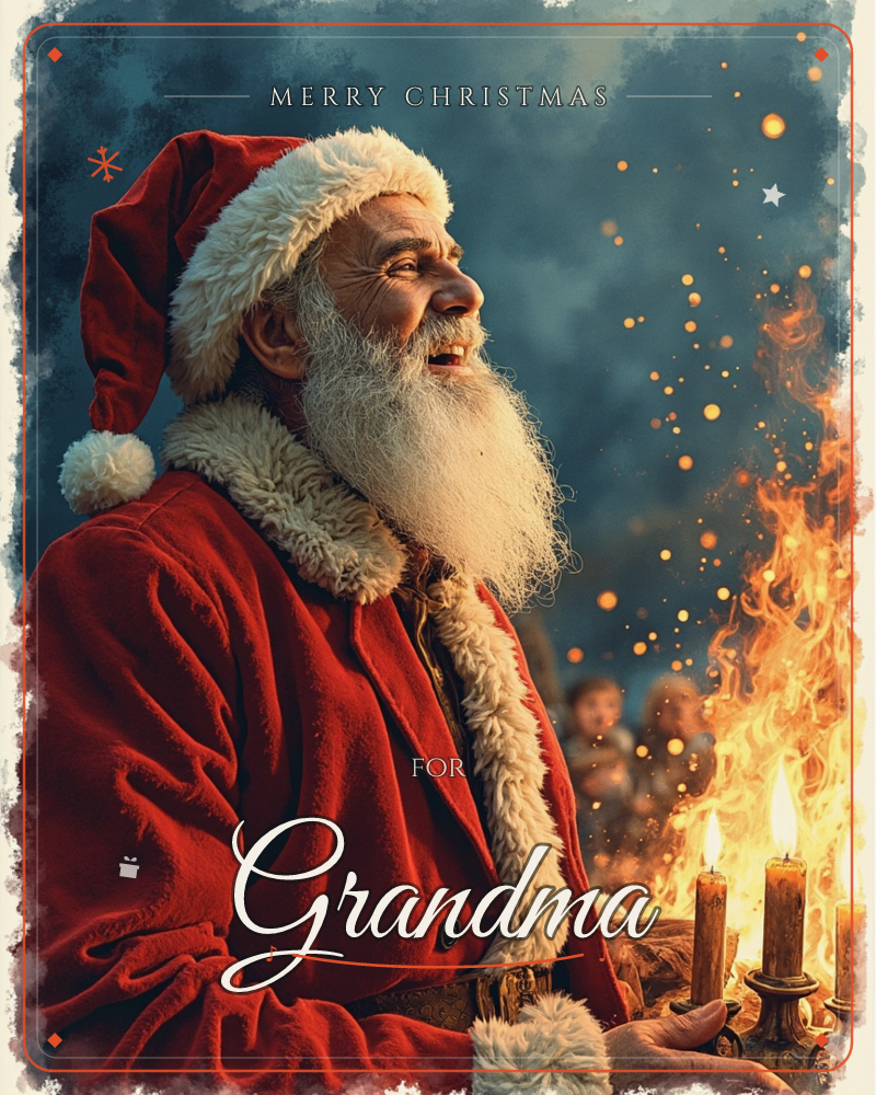 A man dressed as Santa Claus stands in profile beside a roaring bonfire, his face lit warm gold as sparks drift upward into the dusky blue night, a christmas e-card design
