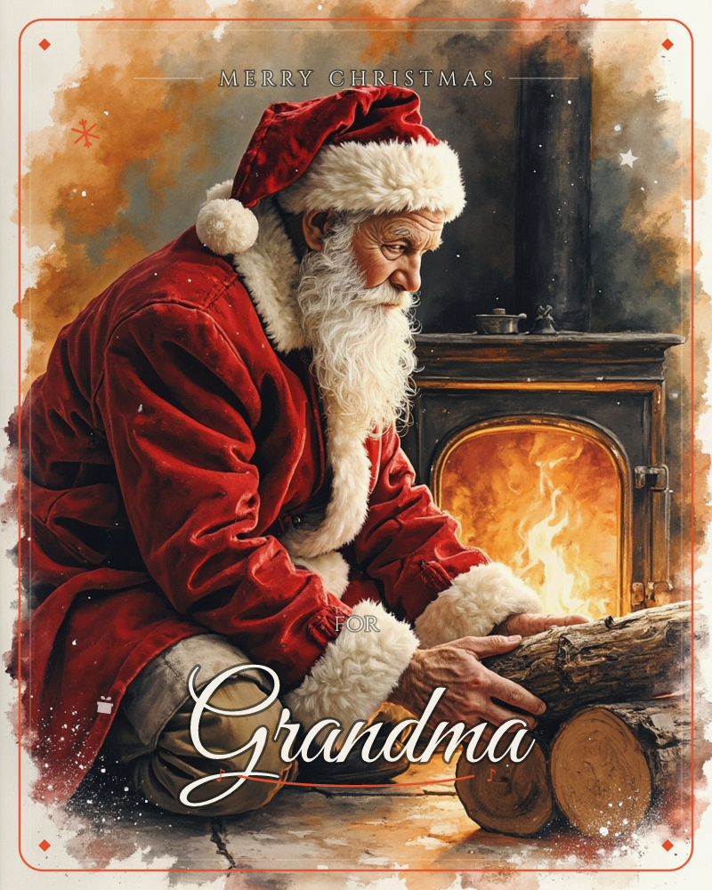 Santa kneels on a stone floor beside an old wood-burning stove, feeding a fresh log into the glowing firebox with his bare hand, a christmas e-card design