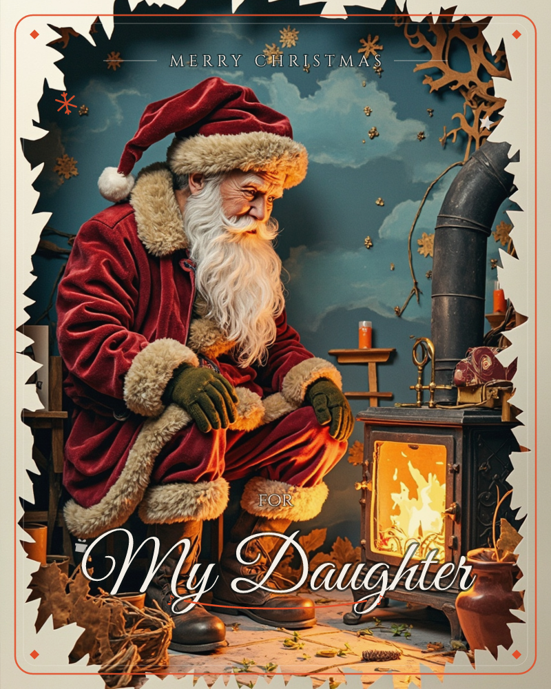Santa Claus kneels beside an old cast-iron stove, warming his gloved hands near the glowing firelight spilling from its open door, a christmas e-card design