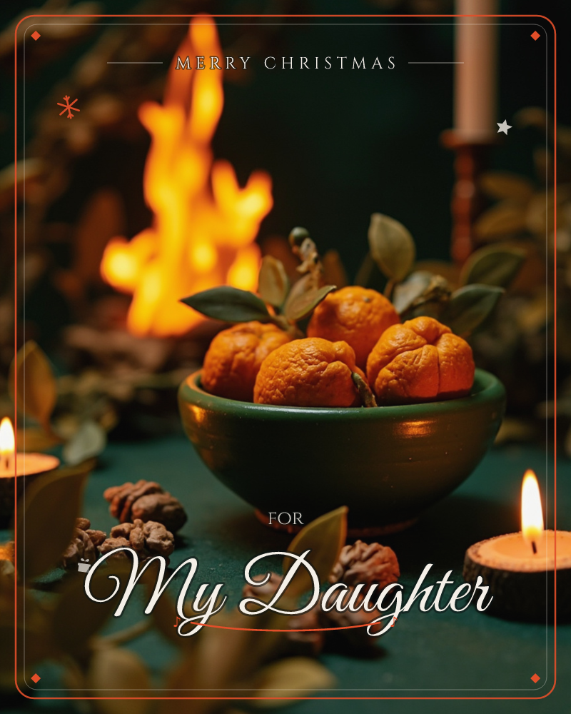 A dark green bowl of clementines still on their stems sits on a deep green tablecloth, ringed by walnuts, dried leaves and small flickering candles…, a christmas e-card design