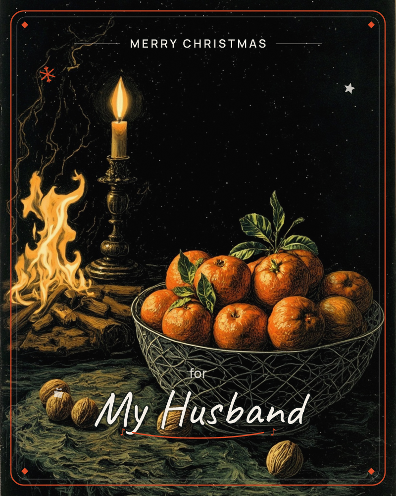 A dark still-life glows with a single lit candle in a tarnished holder beside a small crackling fire, while a wire basket brims with leafy citrus fruit…, a christmas e-card design