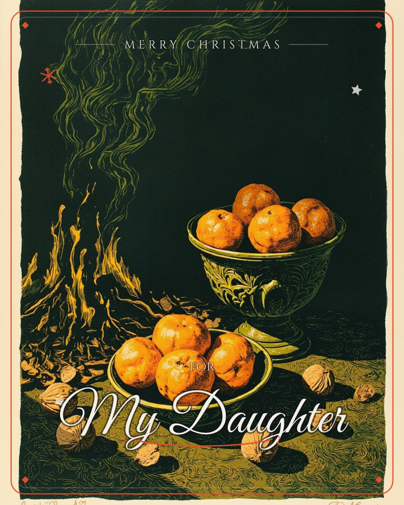 A dark still-life print shows two green bowls heaped with glowing orange fruit, set beside a small crackling fire whose smoke curls upward in loose…, a christmas e-card design