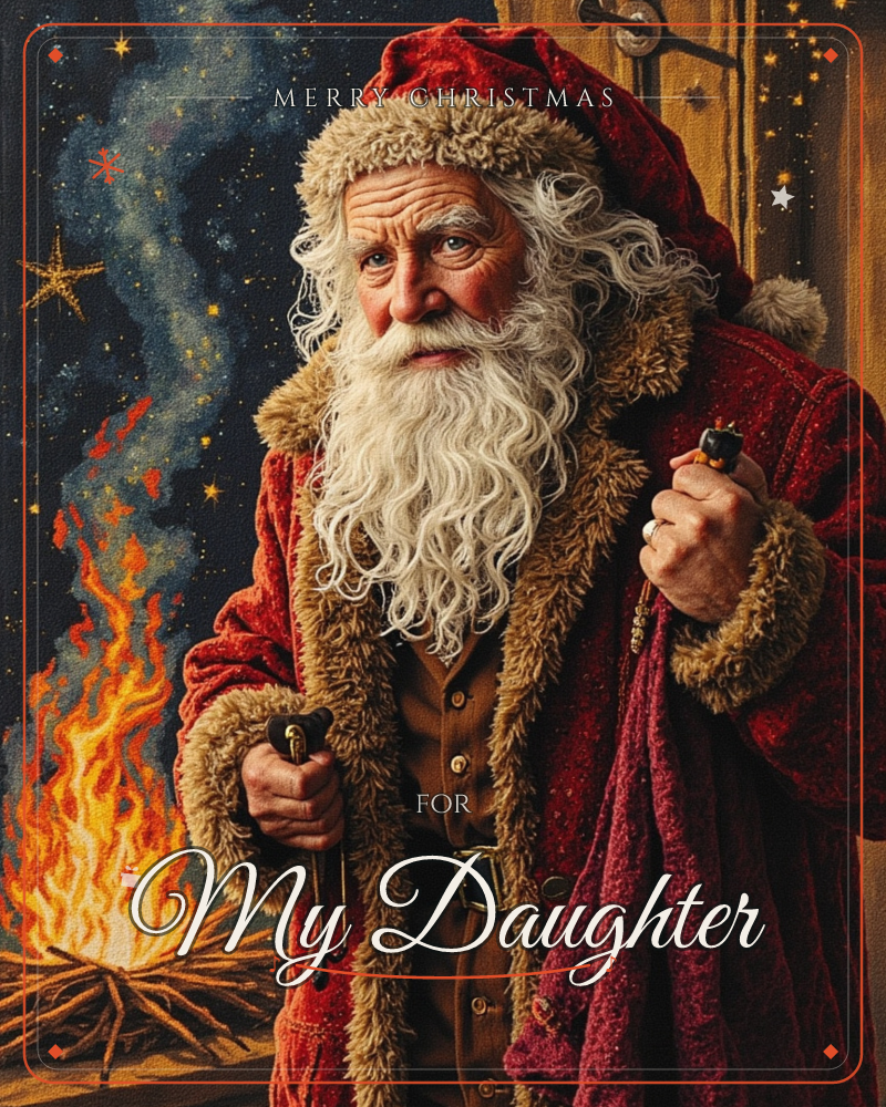A weathered Santa Claus stands beside a roaring bonfire under a starlit night sky, his fur-trimmed red coat draped over one arm and a small drawstring…, a christmas e-card design