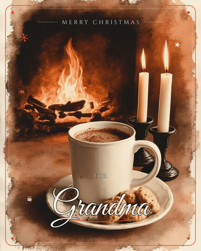 A crackling fire glows in the background while a white mug of cocoa dusted with cinnamon sits on a saucer with a few crumbly cookies, a christmas e-card design