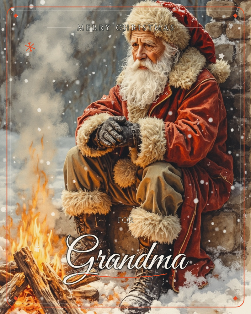 A weary Santa figure sits against a stone wall warming his hands over a crackling fire, snow falling steadily around him, a christmas e-card design
