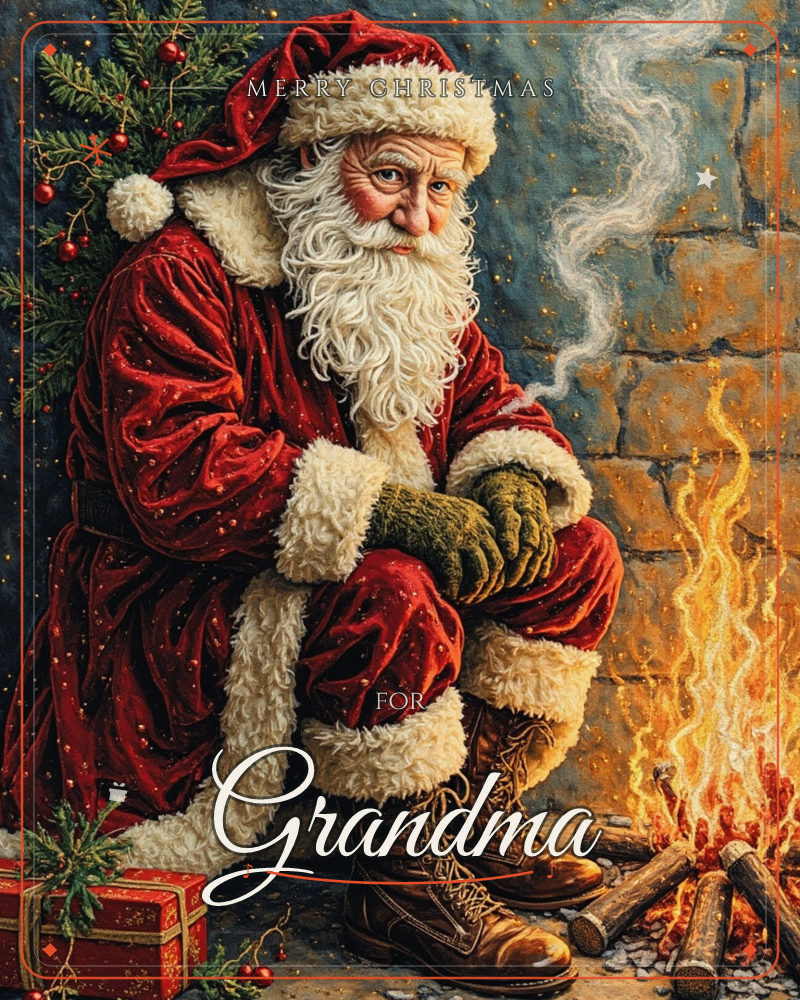 A weathered Santa in a plush red velvet coat sits by a crackling bonfire against a stone wall, its smoke curling upward into the night, a christmas e-card design