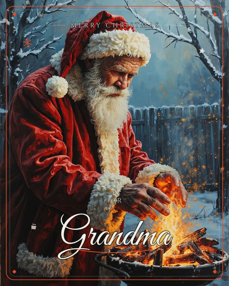 Santa Claus stands alone in a snowy backyard at dusk, warming his weathered hands over a small crackling fire pit as embers drift upward, a christmas e-card design