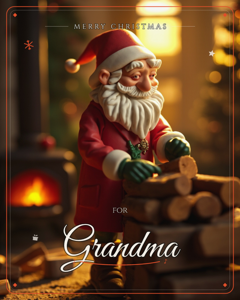 A stylised 3D figure of Santa Claus, with a rounded face and long white beard, stacks split logs beside a glowing wood-burning stove, a christmas e-card design