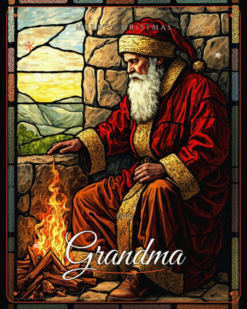 A stained-glass style illustration shows a robed man with a long white beard and a red, gold-trimmed hood sitting beside a small crackling fire against…, a christmas e-card design