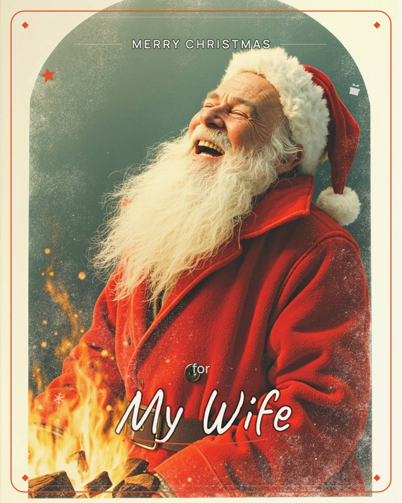 A man dressed as Santa Claus tips his head back in a full, hearty laugh, eyes closed and beard flying, warmed by the glow of an open fire at the base…, a christmas e-card design