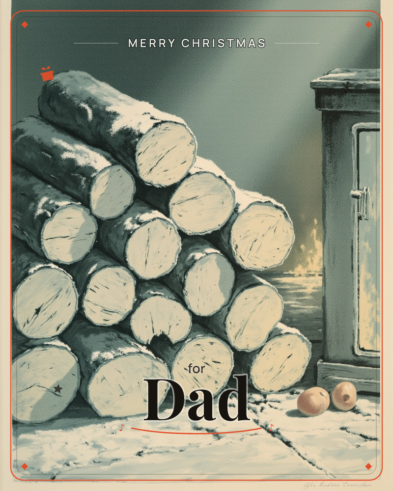 A stacked pile of birch logs sits in the snow beside an old wood-burning stove with a small fire glowing behind its glass door, a christmas e-card design