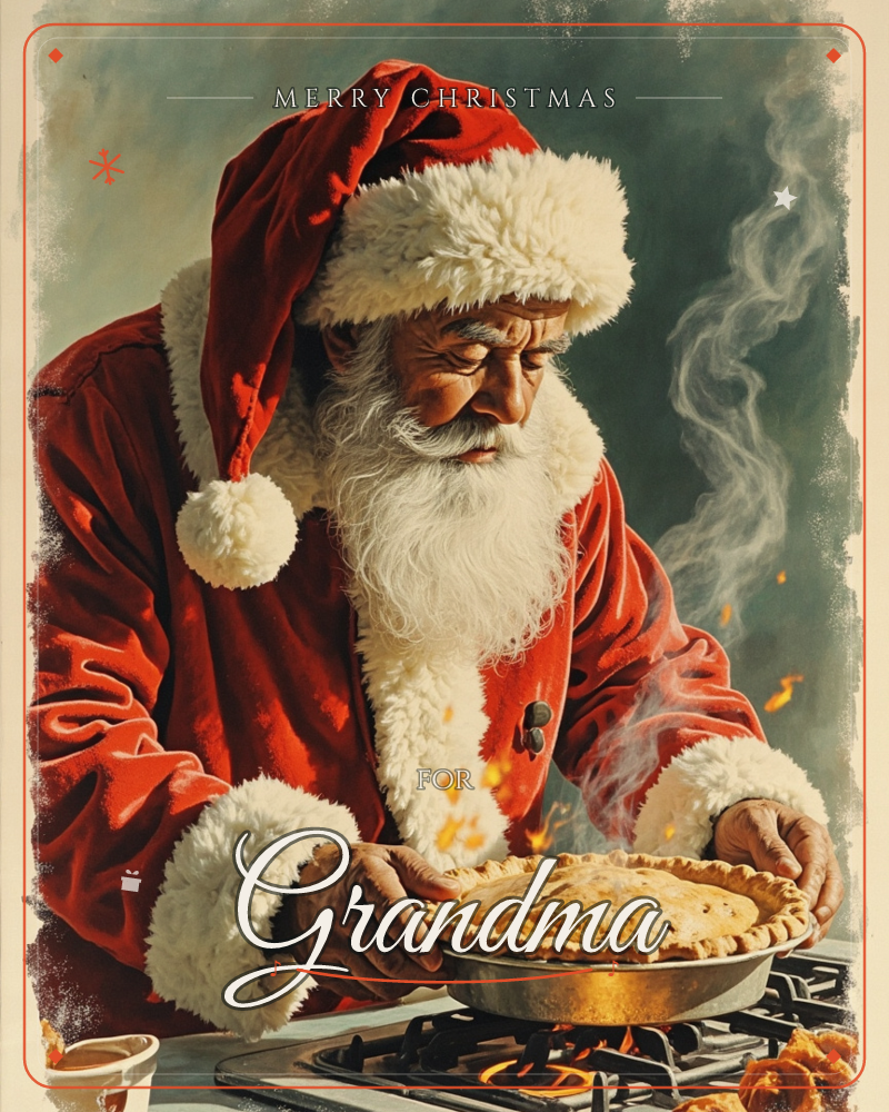 Santa leans over a lit stovetop, carefully lifting a golden, freshly baked pie with steam curling up into the cool grey-green background, a christmas e-card design
