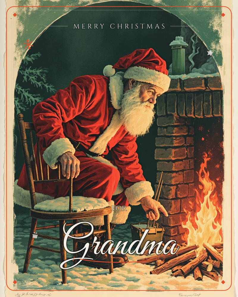 Santa Claus sits perched on a wooden chair beside a glowing brick fireplace, leaning forward to warm a small pot over the crackling flames, a christmas e-card design