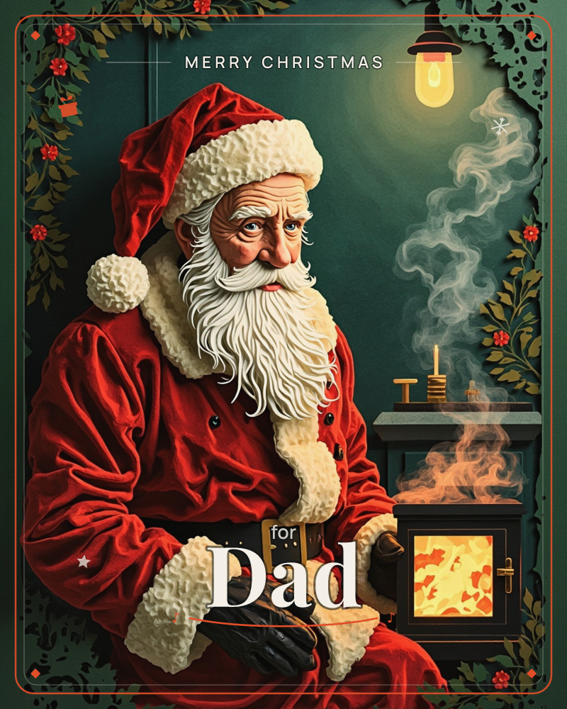 Santa Claus sits close beside a small glowing wood stove, its firelight casting orange across his red velvet coat and thick white beard, a christmas e-card design
