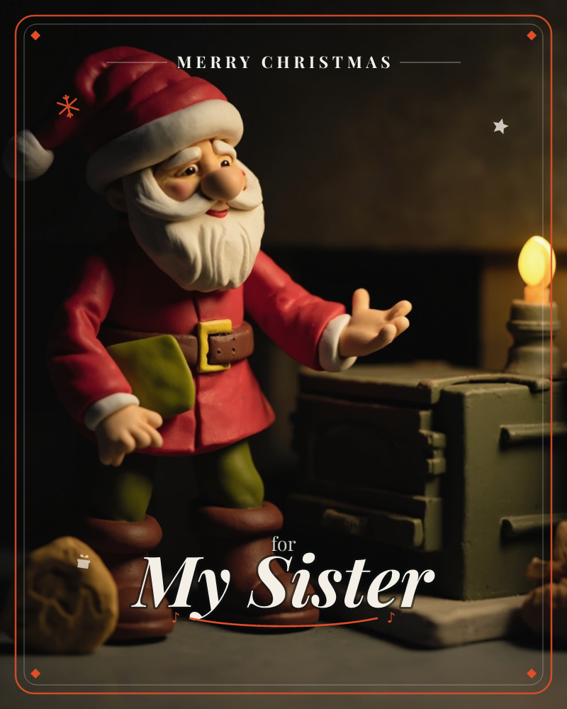 A claymation-style Santa figure stands beside an old green stove, one hand gesturing warmly toward a glowing candle lamp, a christmas e-card design