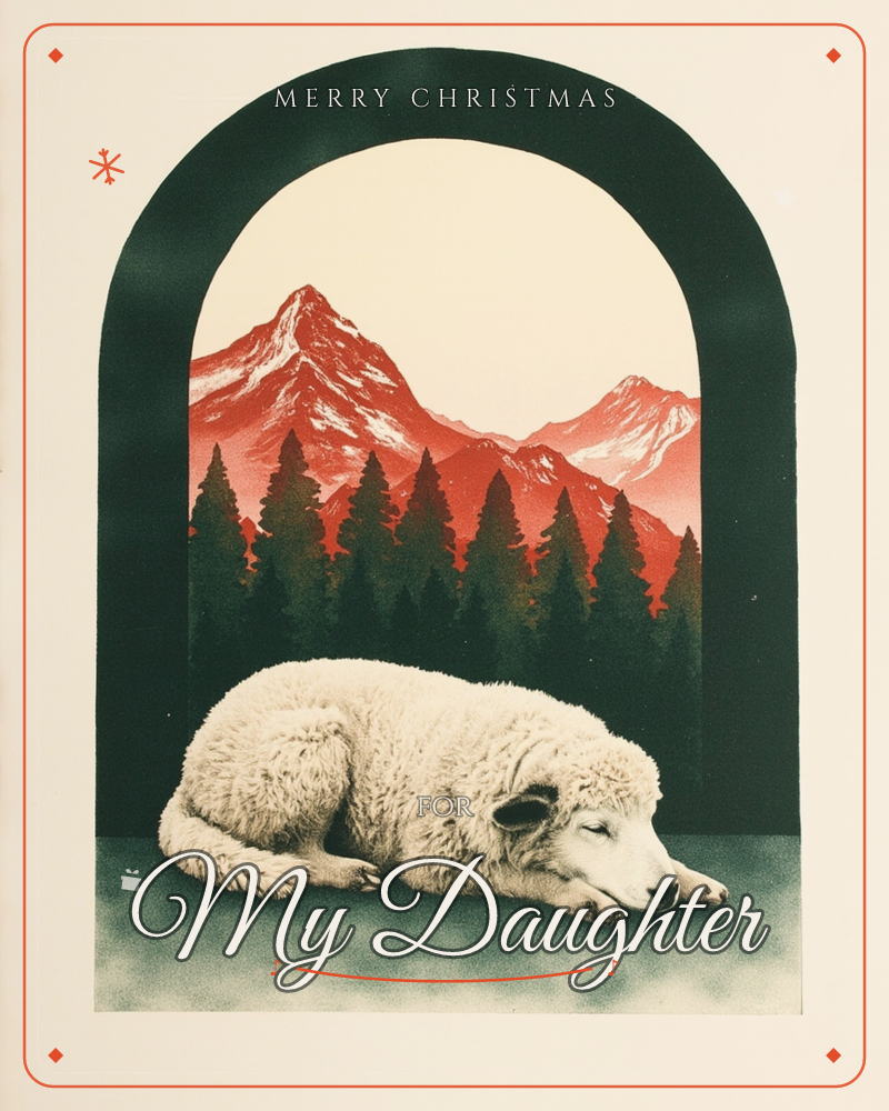 A shaggy white dog lies curled and sleeping beneath a tall dark green archway, framed by a row of pine trees and a range of jagged, snow-capped…, a christmas e-card design