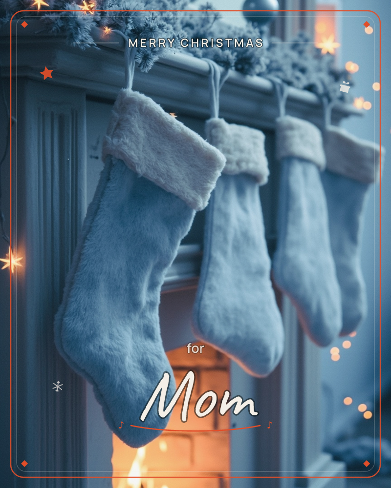 Four fur-trimmed stockings hang in a row from a mantel draped with fir garland and tiny star-shaped fairy lights, a christmas e-card design