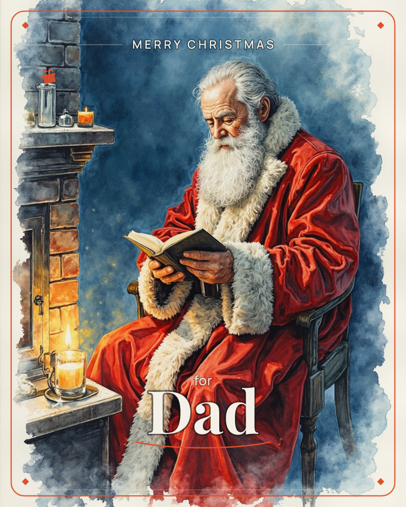 Santa sits by a glowing brick fireplace in his red fur-trimmed coat, quietly reading a small book by candlelight, a christmas e-card design