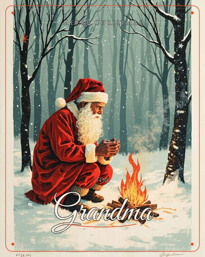 A weary figure in a red Santa suit crouches beside a small crackling fire deep in a snow-dusted forest, warming his hands as flakes drift down through…, a christmas e-card design