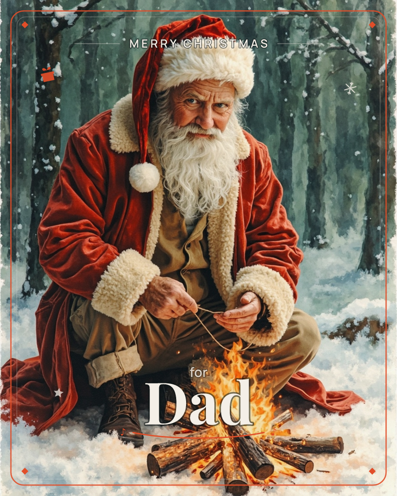 Santa kneels in a snowy forest clearing, tending a small crackling campfire with his bare hands, his red fur-trimmed coat pooling in the snow around him, a christmas e-card design