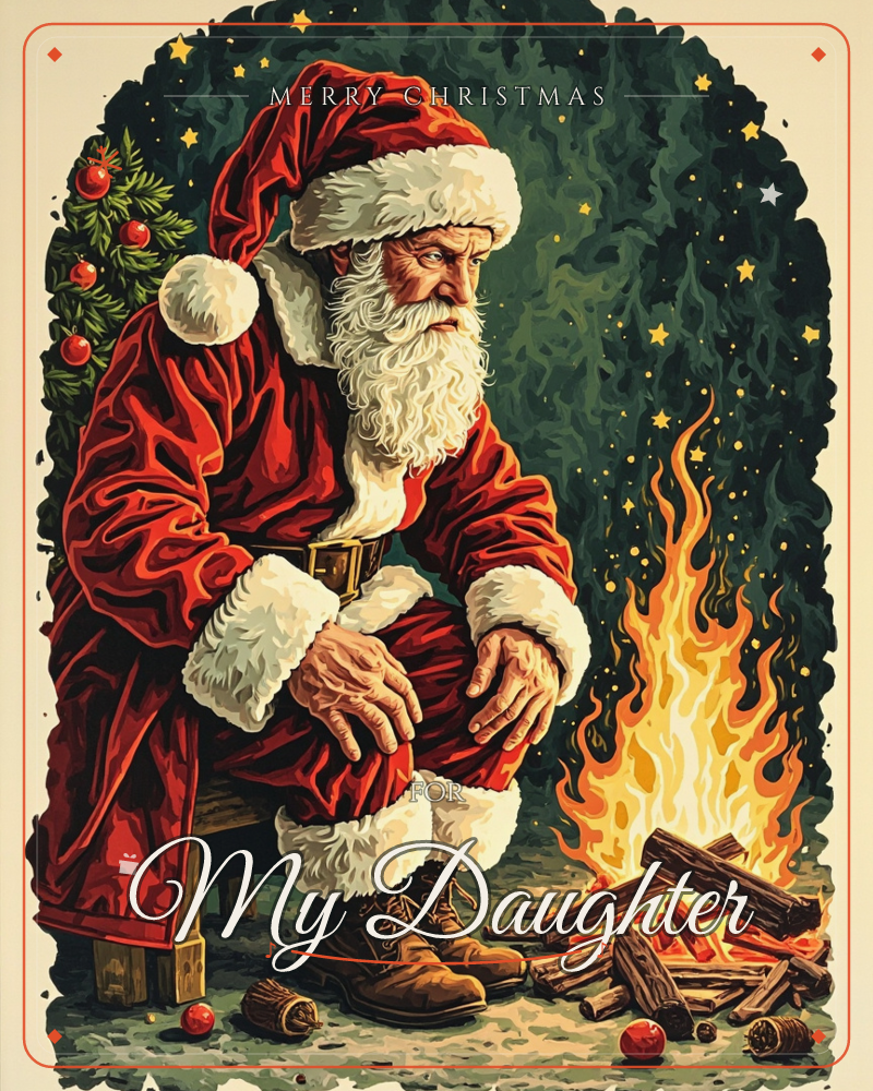Santa Claus sits on a low wooden bench warming his hands beside a crackling bonfire, his red coat and white beard glowing in the firelight against a…, a christmas e-card design