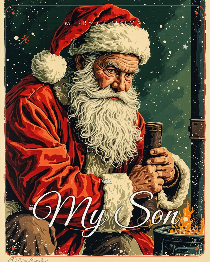 A weathered, close-up illustration of Santa Claus kneeling beside a chimney under a snow-flecked night sky, his fur-trimmed red coat catching the glow…, a christmas e-card design