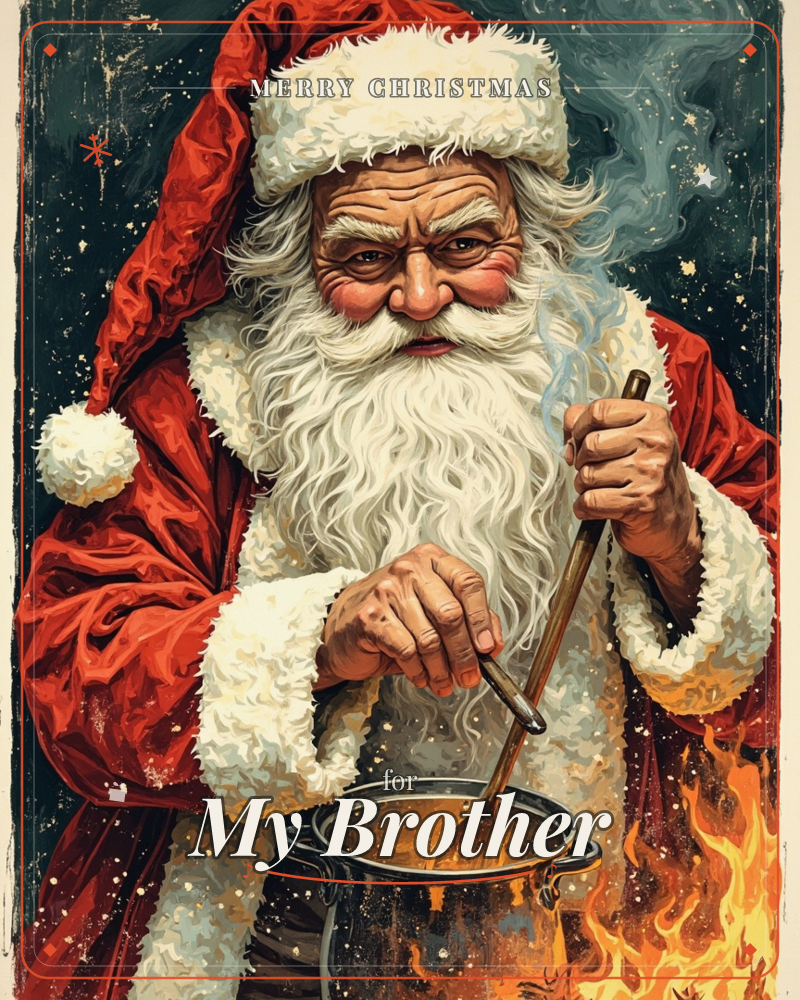 A close-up portrait shows a weathered, white-bearded Santa in his red fur-trimmed coat, stirring a bubbling black pot over open flames with a wooden spoon, a christmas e-card design