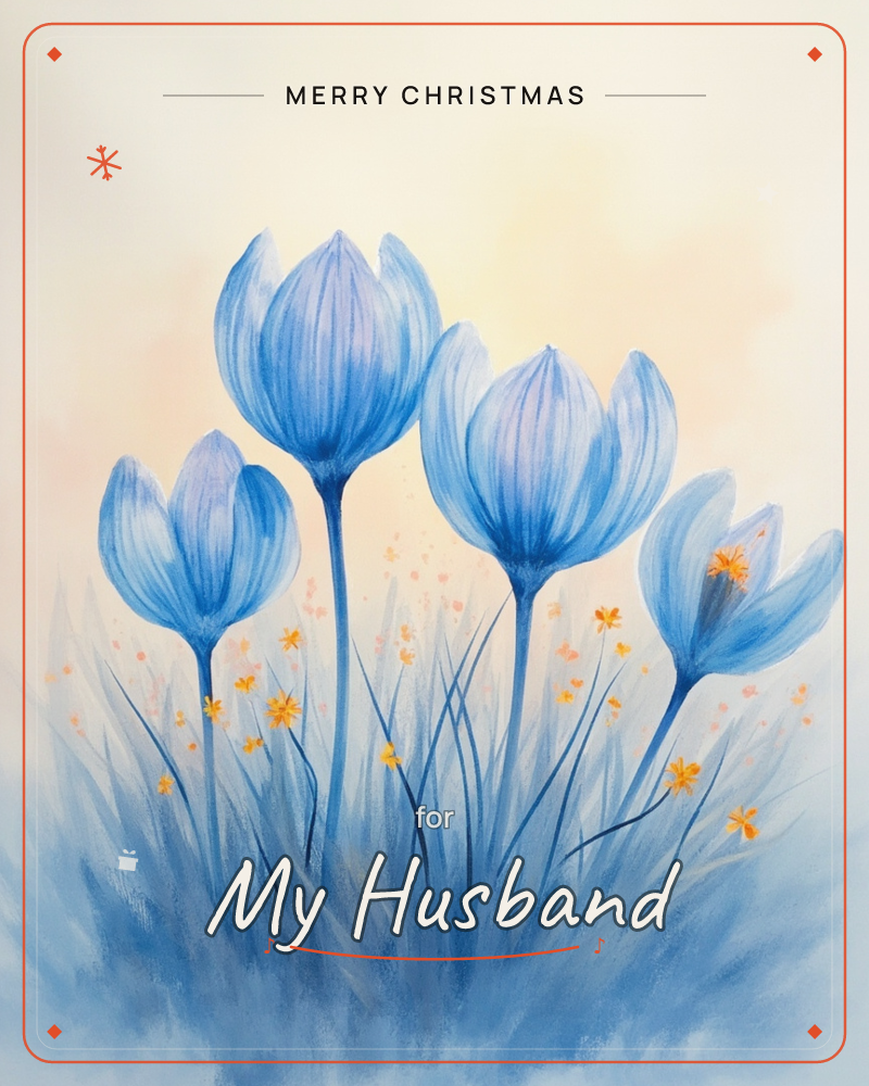 Four tall blue crocus-like blooms open toward a soft peach and cream sky, their cup petals glowing pale at the edges, a christmas e-card design