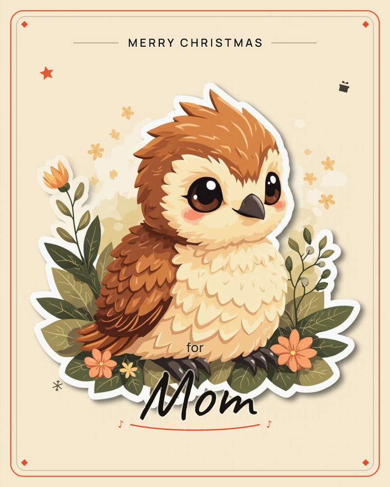 A round, fluffy baby owl with big glossy eyes and rosy cheeks sits nestled among leafy branches and small peach-toned flowers, drawn as a sticker-style…, a christmas e-card design